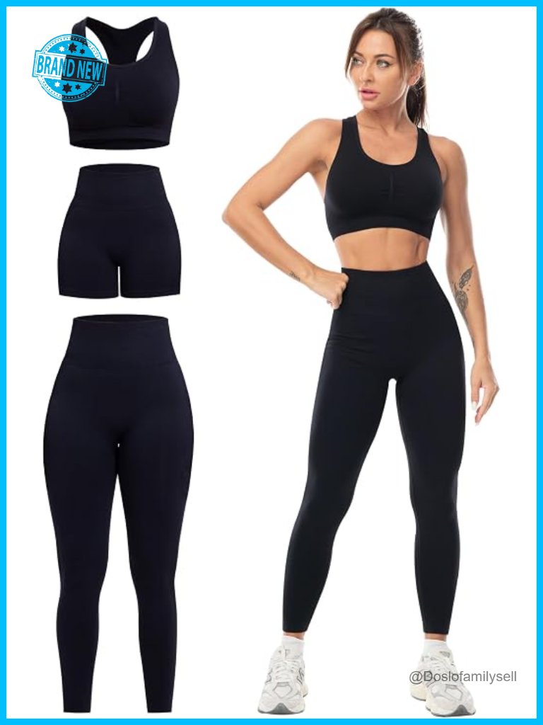 3 Piece Workout Set With Sports Bra, Leggings & Shorts